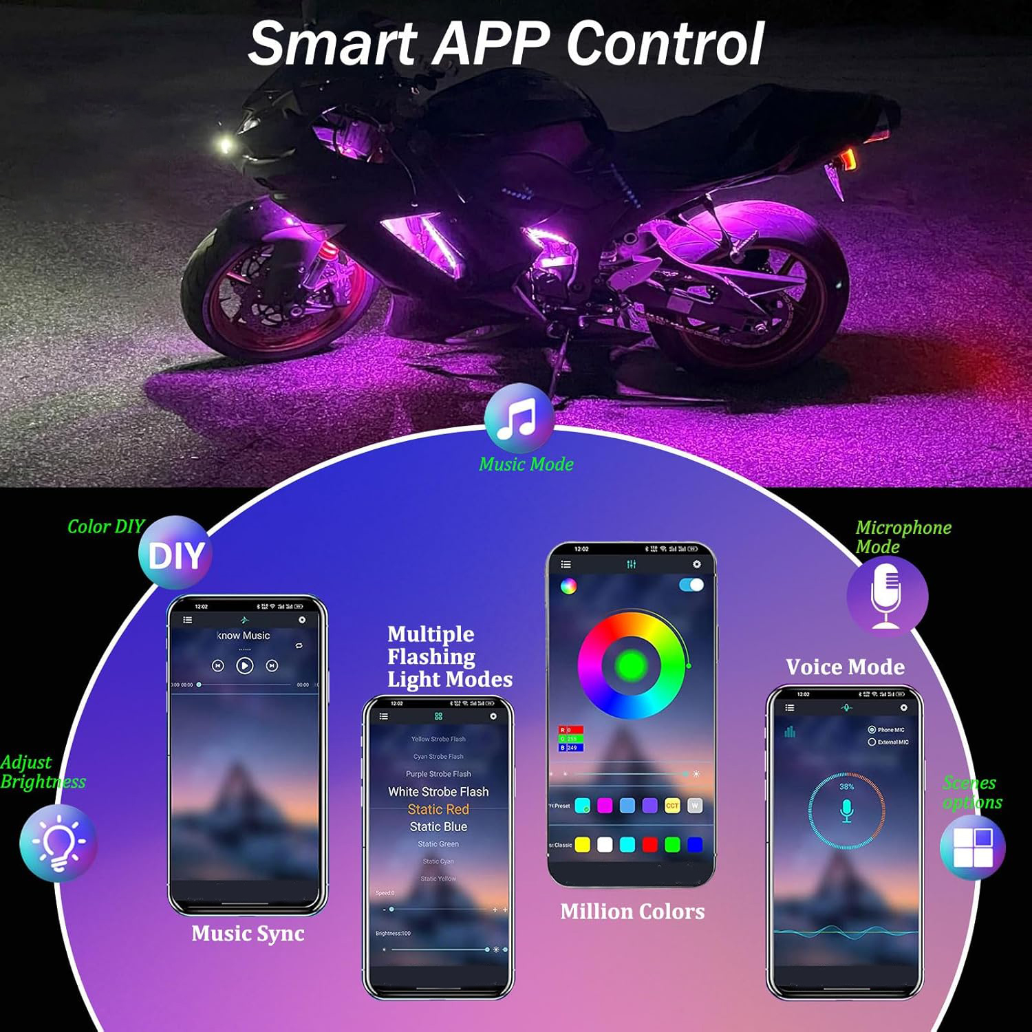 8pcs RGB LED Motorcycle Underg - Rgb Hub Sync のレビューと価格